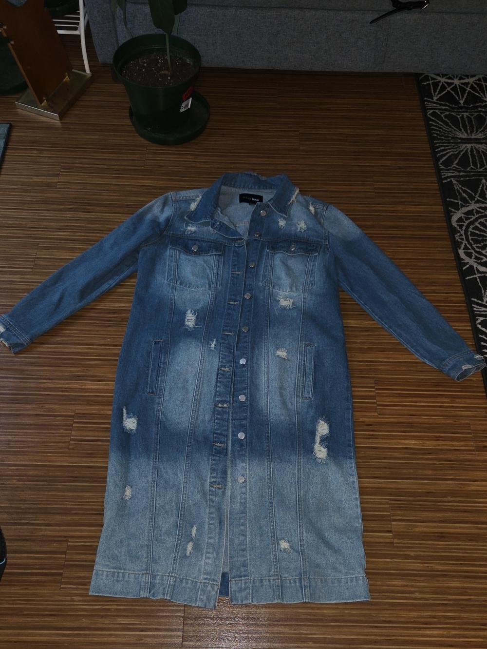Fashion Nova Distressed Long Blue Denim Jean Jacket